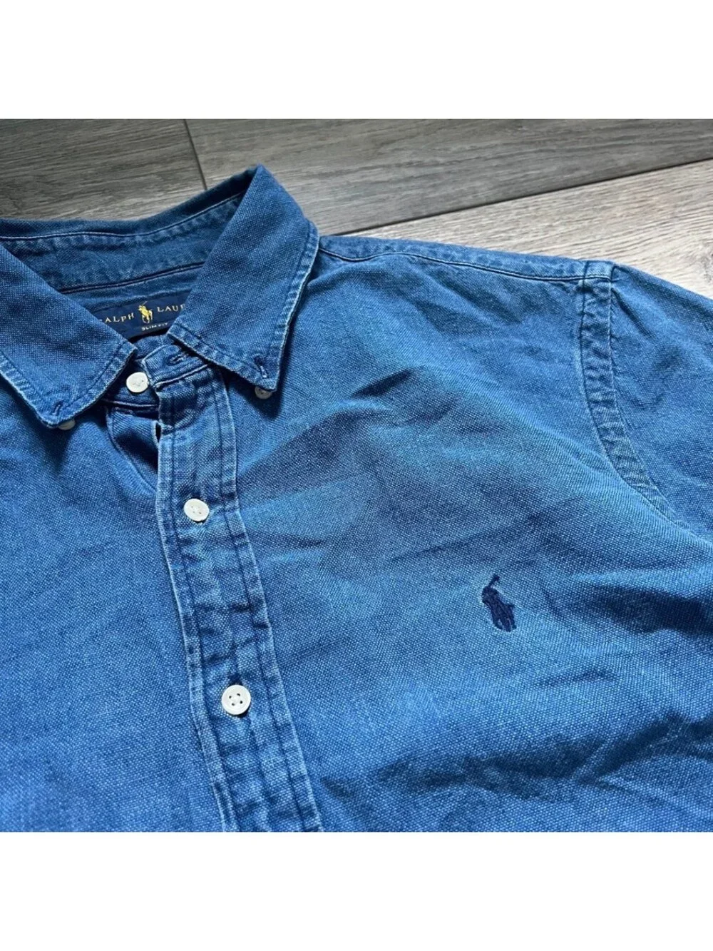Polo Ralph Lauren Men's L Slim Fit Button Down Short Sleeve Cotton Shirt Blue